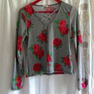 Ultra Flirt Pinstripe Rose Print Long Sleeve Shirt Medium
